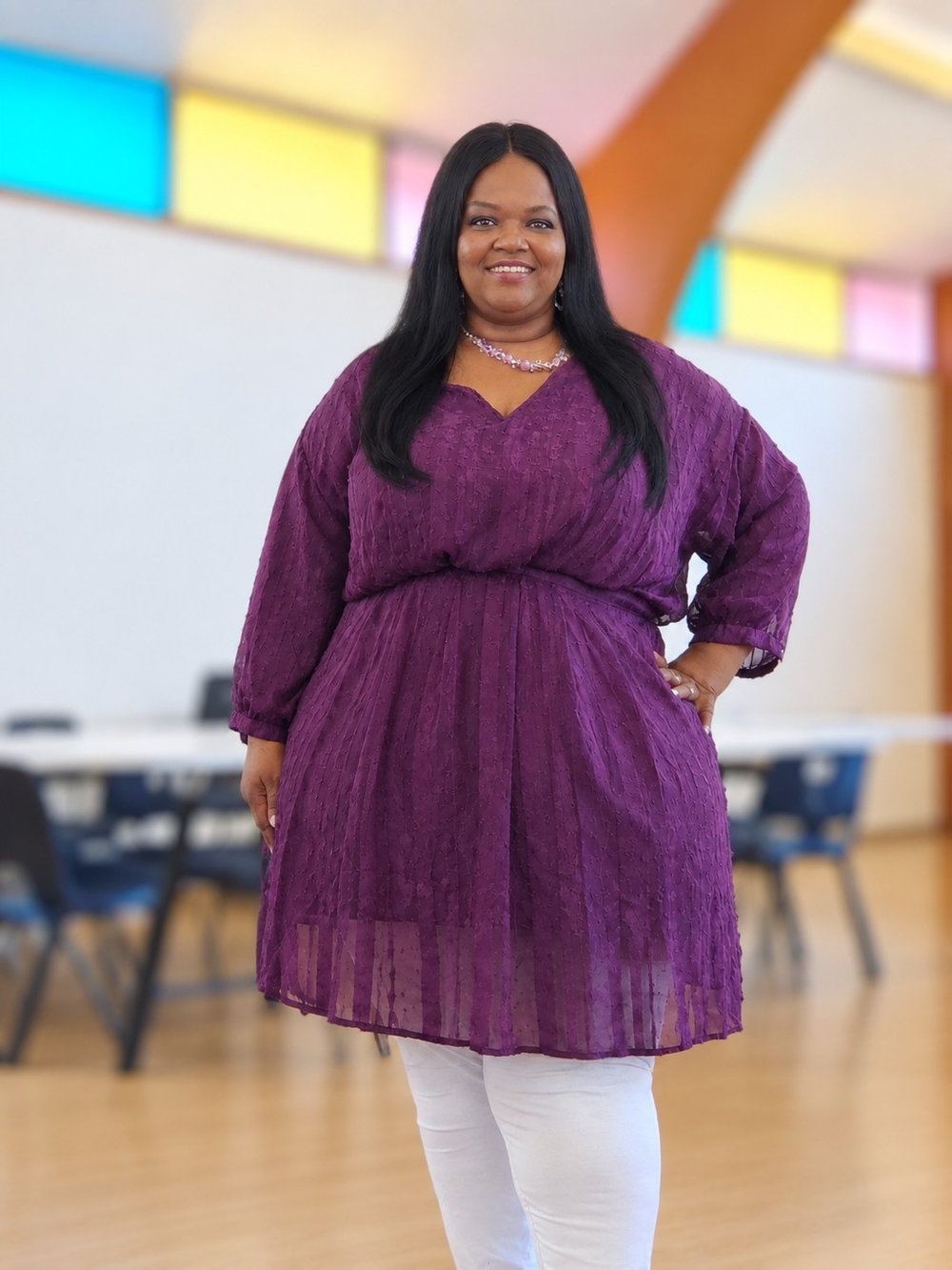Ashley Stewart Plum Purple V-Neck Long Sleeve Lace Dress